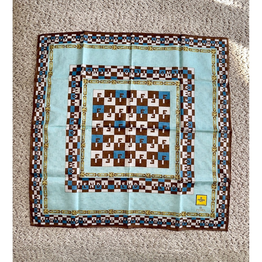 Fendi Zucca Monogram Cotton Handkerchief Scarf Blue Brown Checkered FF Logo